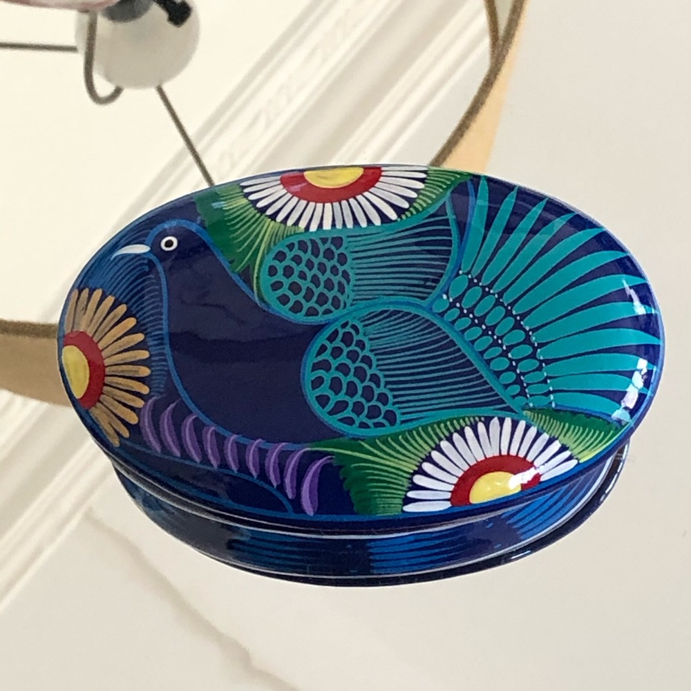 Vintage Hand Painted Mexican Pottery Oval Trinket Dish Blue Bird Lid
